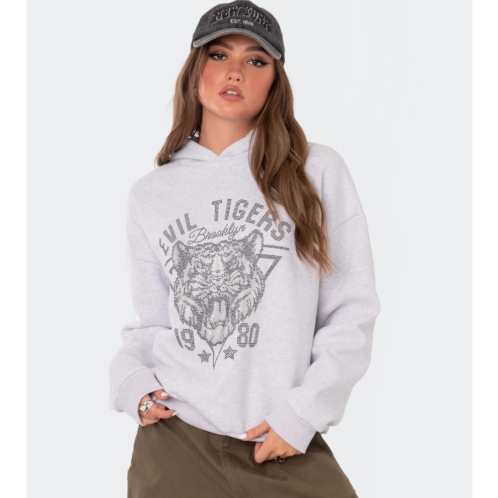 Edikted Grey Rhinestone Tiger Hoodie